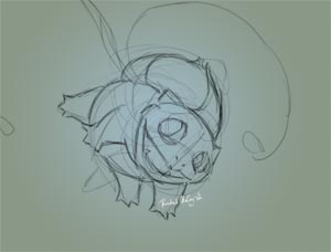 Sketch of Bulbasaur, balancing on two legs.